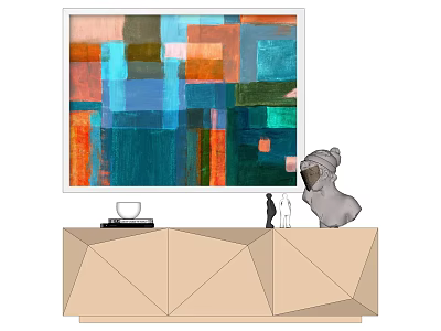 Colorful Abstract Painting On Geometric TV Stand With Decorative Sculptures 3d model