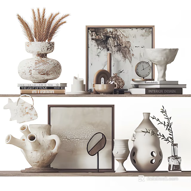 Elegant Modern Decorative Ornament Set With Vases Frames Books And Dried Plants On Shelf 3d model 