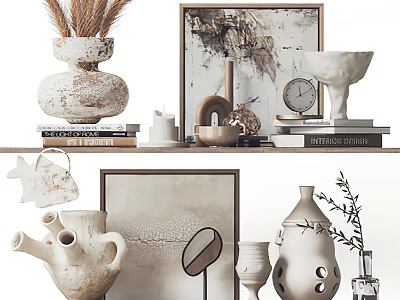 Elegant Modern Decorative Ornament Set With Vases Frames Books And Dried Plants On Shelf 3d model