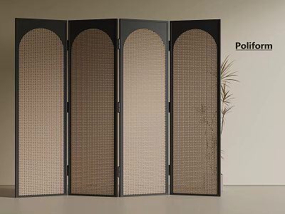 Modern Room Divider With Four Beige Panels Black Frame And Woven Pattern 3d model