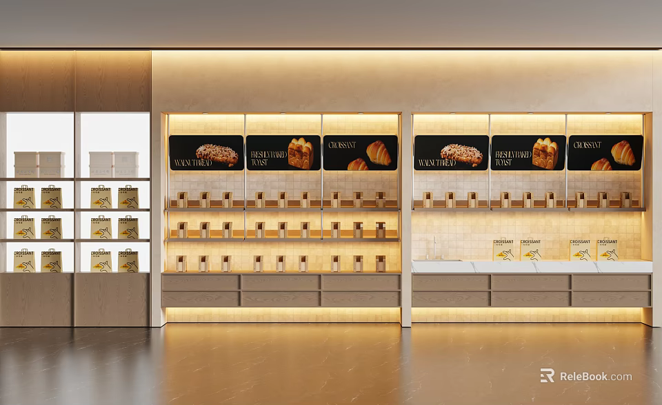 Modern Bakery Display Shelves With Warm Lighting And Organized Pastry Arrangement 3d model 