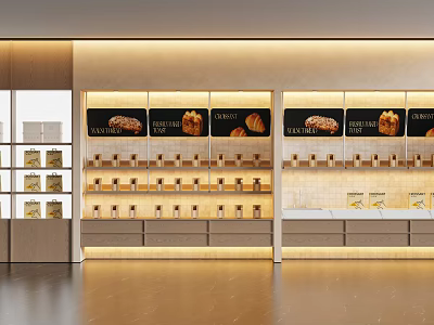 Modern Bakery Display Shelves With Warm Lighting And Organized Pastry Arrangement 3d model