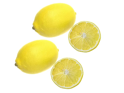 Bright Yellow Juicy Fresh Whole and Sliced Lemons on Clean White Background 3d model