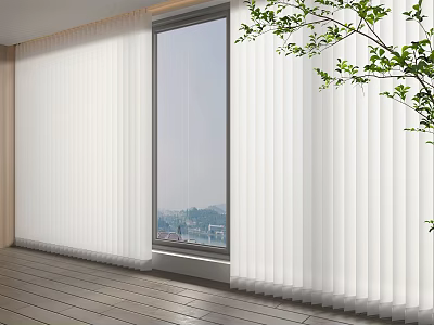 White Venetian Blinds For Window With City View Wooden Floor And Green Plant 3d model