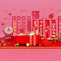 Chinese New Year Themed Tea Break Area With Red Decorations Fu Character Lanterns And Fireworks