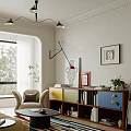Modern Living Room Design With Beige Sofa Accent Chair Colorful Striped Rug And Floor-To-Ceiling Windows