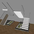 Modern Floating Stairs Design With Glass Railings White Steps Wooden Floor And Green Plants