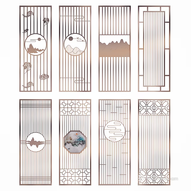 Traditional Chinese Decorative Partition Designs With Mountain Water Patterns Geometric Motifs And Linear Details 3d model 