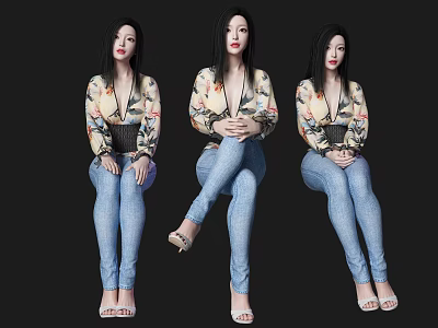 Three Women Sitting in Different Poses with Floral Blouse Blue Jeans and Black Background 3d model
