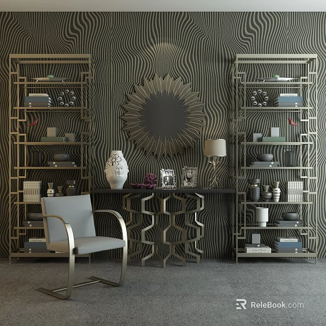 Modern Golden Shelving Units With Dark Wavy Pattern Wall Round Mirror And Table Decor 3d model 