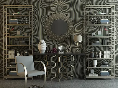 Modern Golden Shelving Units With Dark Wavy Pattern Wall Round Mirror And Table Decor 3d model