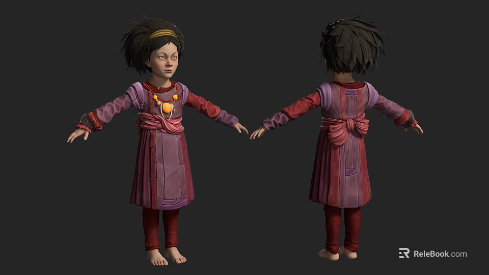 Young Girl In Red And Purple Dress With Yellow Decoration Arms Outstretched Front Back 3d model 