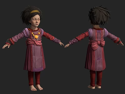 Young Girl In Red And Purple Dress With Yellow Decoration Arms Outstretched Front Back 3d model