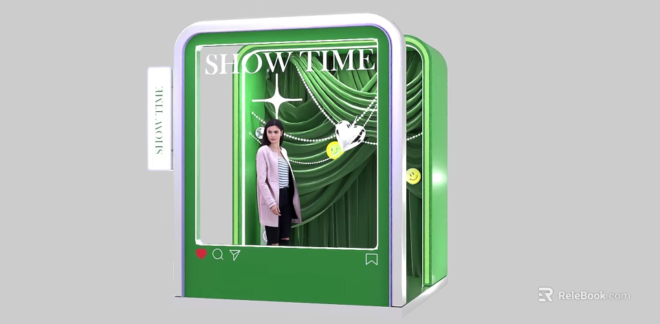 Green Show Time Photo Check In Spot With Curtain Decorations And Woman Taking 3d model 