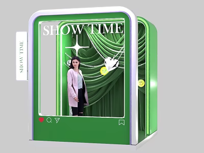 Green Show Time Photo Check In Spot With Curtain Decorations And Woman Taking 3d model
