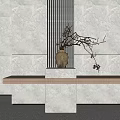 Ceramic Vase With Twig Branches On Marble Pedestal Against Vertical Striped Wall
