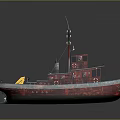 Red Tugboat Watercraft with Deck Equipment Lifebuoys Antennas and Railings