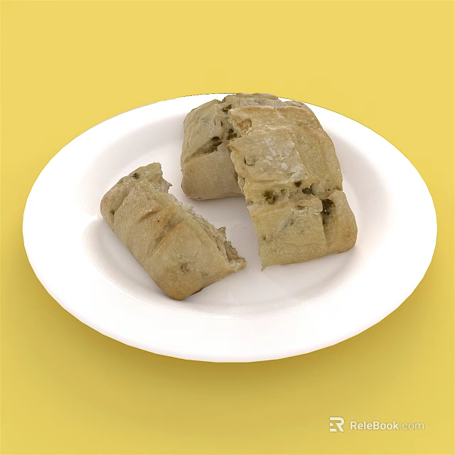 Sliced Bread Pieces Arranged on White Plate Against Yellow Background 3d model 