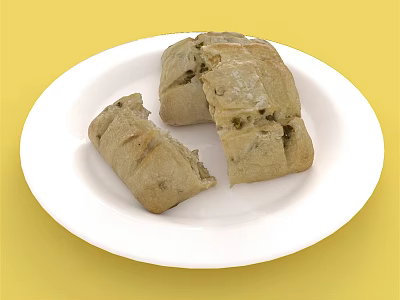 Sliced Bread Pieces Arranged on White Plate Against Yellow Background 3d model