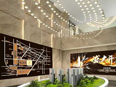 Modern Sales Office Interior With Large Location Map Detailed Building Models And Elegant Ceiling Lighting 3d model