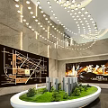 Modern Sales Office Interior With Large Location Map Detailed Building Models And Elegant Ceiling Lighting