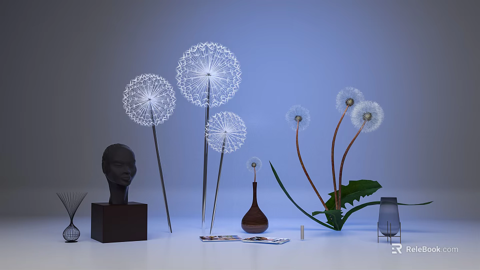Modern Decorative Ornament Set With Dandelion Sculptures Vase And Leaf Decorations 3d model 