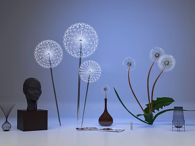 Modern Decorative Ornament Set With Dandelion Sculptures Vase And Leaf Decorations 3d model