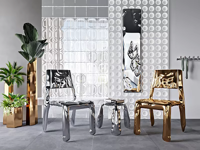 Modern Interior Design With Silver Gold Chairs Stool Potted Plants Decorative Wall Mirror 3d model