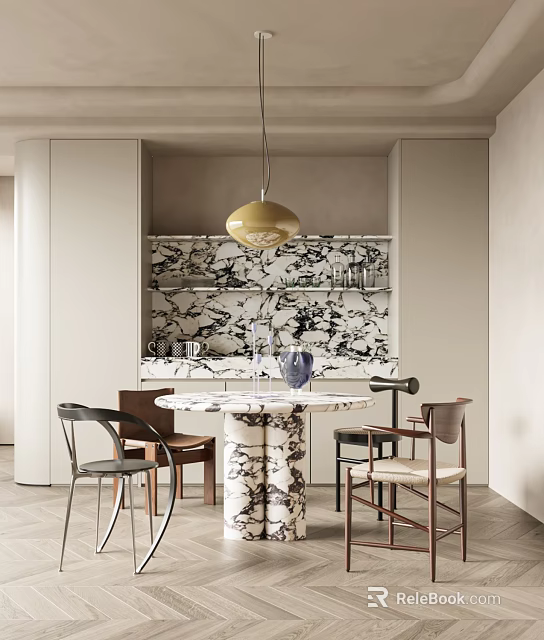 Modern Restaurant Interior With Marble Dining Table Gold Pendant Light And Open Shelves 3d model