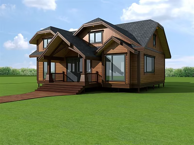 Modern Wooden House With Brown Exterior Black Roof Large Windows Green Lawn And Porch 3d model
