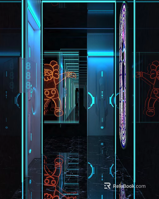 Futuristic Club Interior With Neon Lights Abstract Lines And Reflective Floor 3d model 