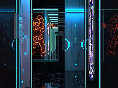 Futuristic Club Interior With Neon Lights Abstract Lines And Reflective Floor 3d model