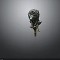 Green Patina Bronze Lion Sculpture Sitting On Decorative Metal Base Artwork