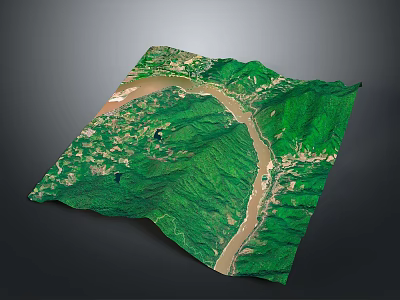 3D Rendered Terrain Model With Winding River And Lush Green Mountains 3d model