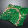 3D Rendered Terrain Model With Winding River And Lush Green Mountains