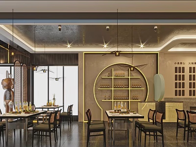 Modern Traditional Hotpot Restaurant Interior With Hanging Lights Wooden Tables And Decorative Shelves 3d model