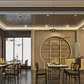 Modern Traditional Hotpot Restaurant Interior With Hanging Lights Wooden Tables And Decorative Shelves