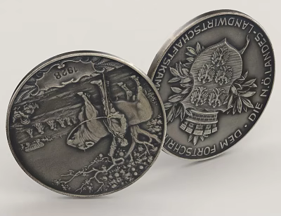 Pair of Silver Round Commemorative Medallions with Intricate Engraved Designs and Inscriptions 3d model