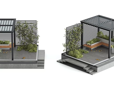 Modern Outdoor Patio Design With Pergola Lattice Plants Stone Flooring And Steps 3d model