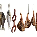 Hanging Dried Fish Sausages and Cured Ham for Traditional Food Preservation