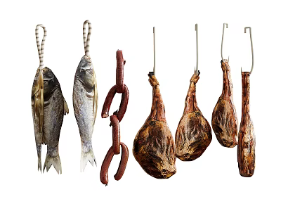 Hanging Dried Fish Sausages and Cured Ham for Traditional Food Preservation 3d model