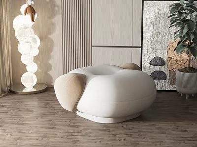 Modern White Sofa Stool With Beige Cushions In Living Room 3d model