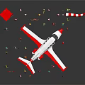 Red and White Airplane Miniature Scene with Tower Figures and Checkered Flag
