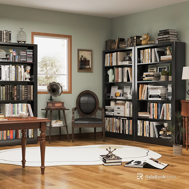 Traditional Study Interior Design With Bookshelves Filled With Numerous Books Leather Chair And Wooden Desk 3d model 