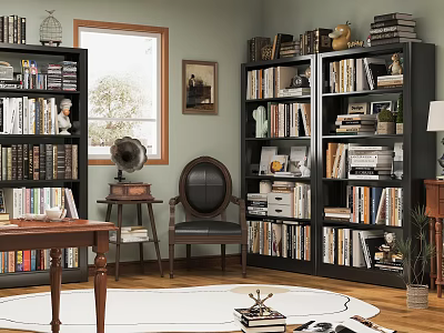Traditional Study Interior Design With Bookshelves Filled With Numerous Books Leather Chair And Wooden Desk 3d model