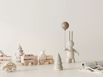 Minimalist Wooden Decorative Ornament Set With Rabbit Figurine Toy Train Christmas Tree And Balloon 3d model