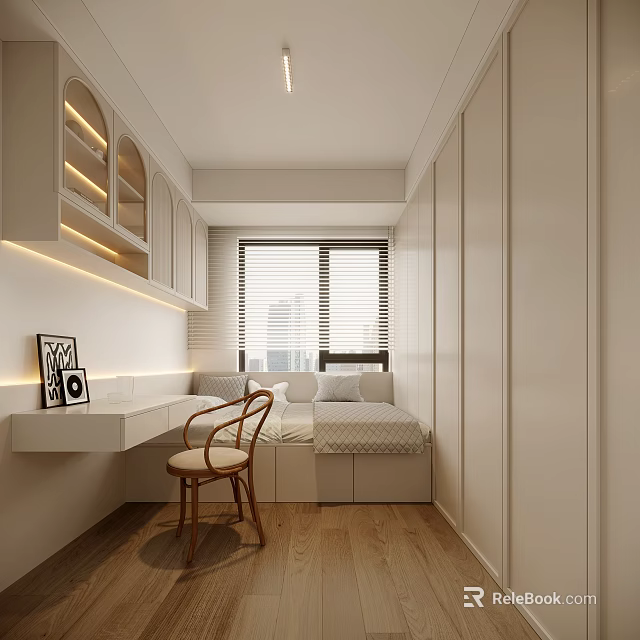 Tatami Bedroom Interior with Minimalist Design White Cabinets Desk Chair and Window Blinds 3d model 