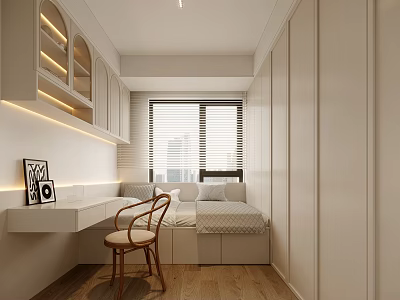 Tatami Bedroom Interior with Minimalist Design White Cabinets Desk Chair and Window Blinds 3d model