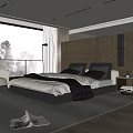 Modern Bedroom Interior With Large Window Beige Chair Wooden Wardrobe Bed Rug And Nightstand