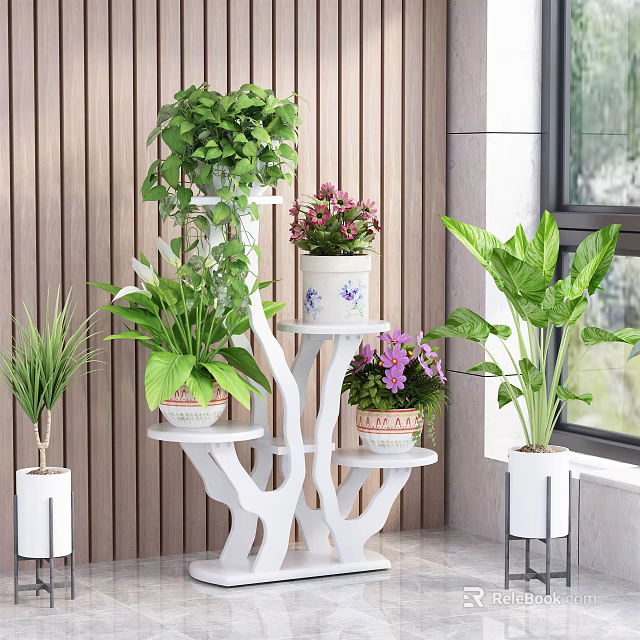 Indoor Bonsai Potted Plants On Multi Tiered White Plant Stand With Flowers And Greenery 3d model 